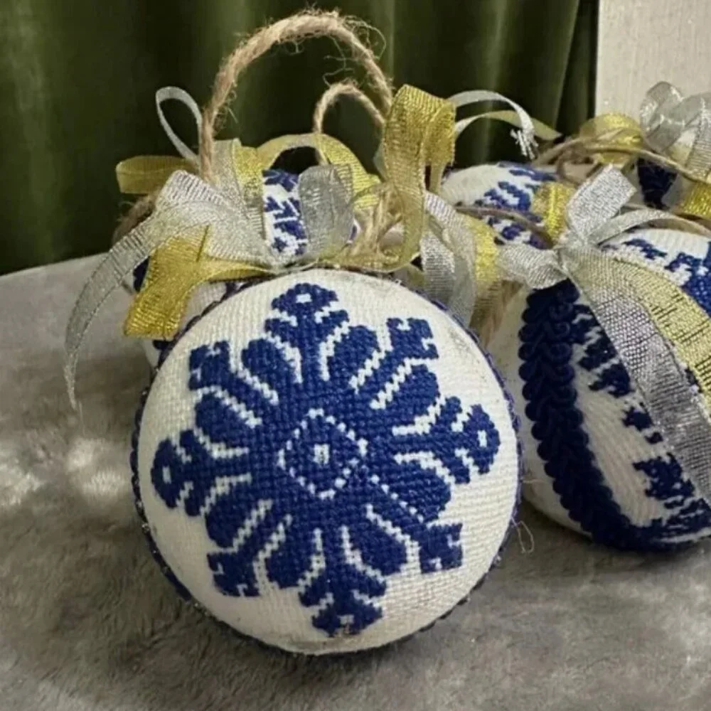 Set of 6 Handcrafted Embroidered Christmas Ornaments–Blue and White Nordic Style - Picture 5 of 13